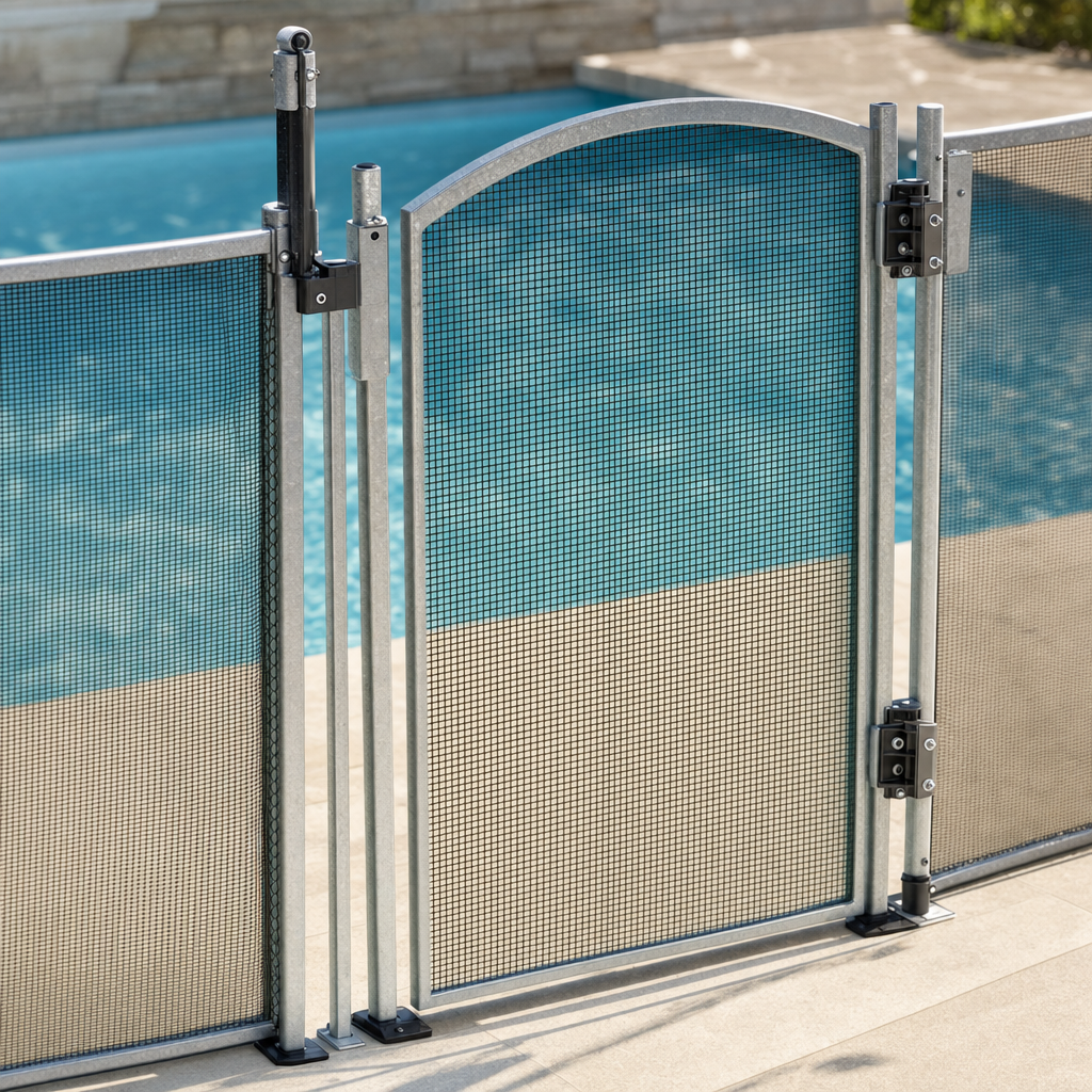 Self-closing, self-latching gate on a removable pool-code mesh fence